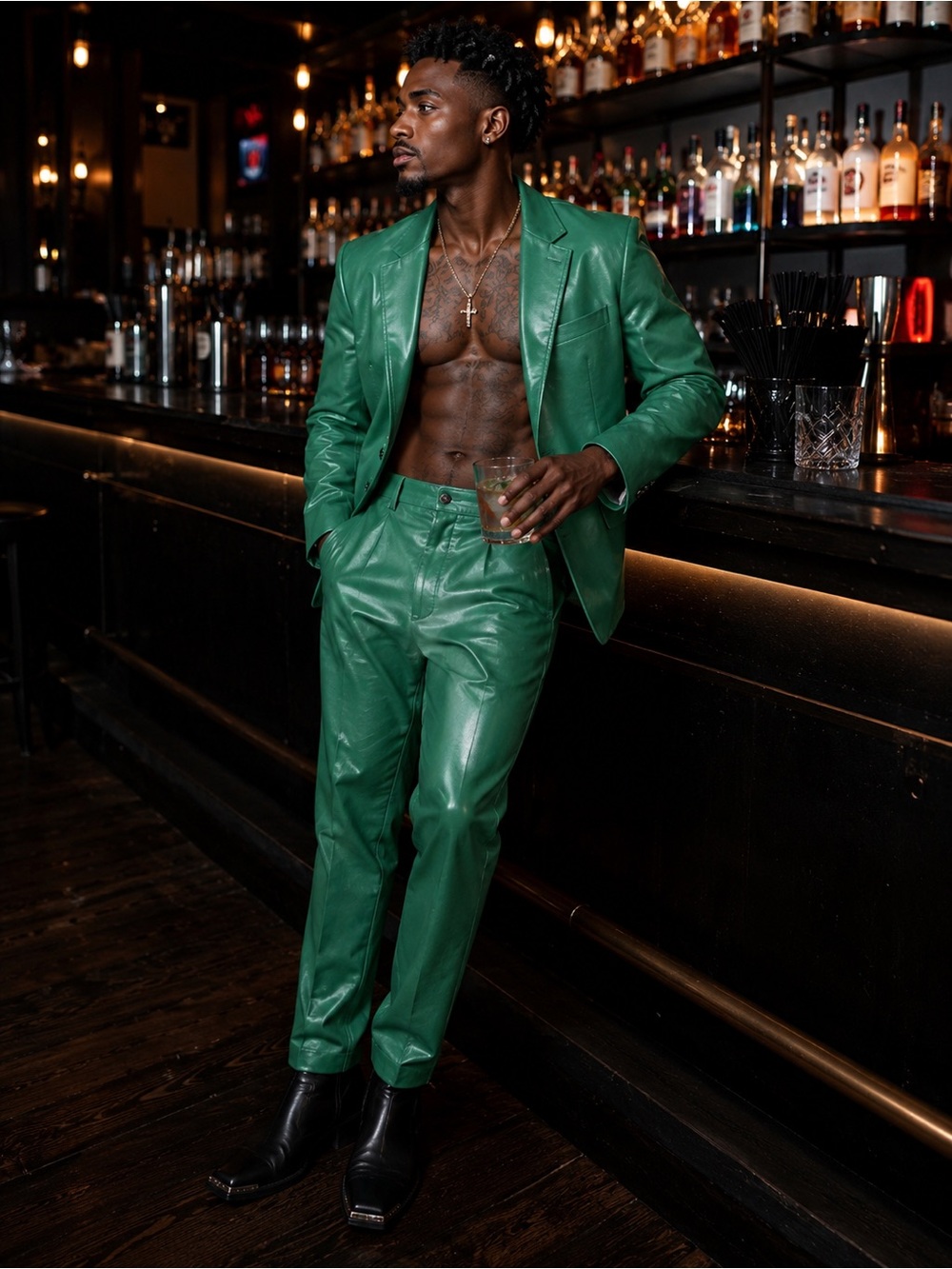 XL Green Faux Leather Suit Set
